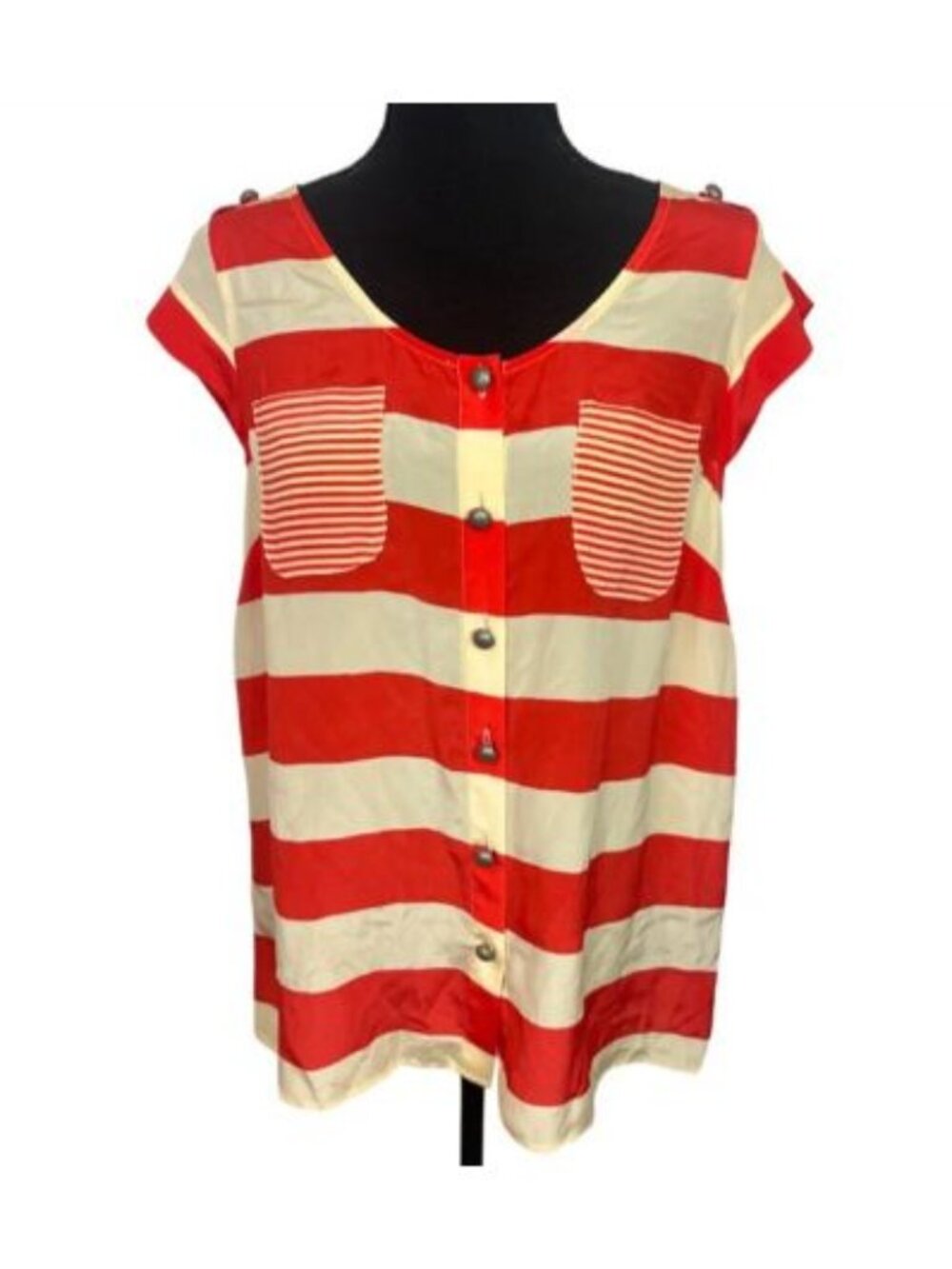Odille Anthropologie Red Cream Striped 100% Silk Button Front Blouse Size 8
